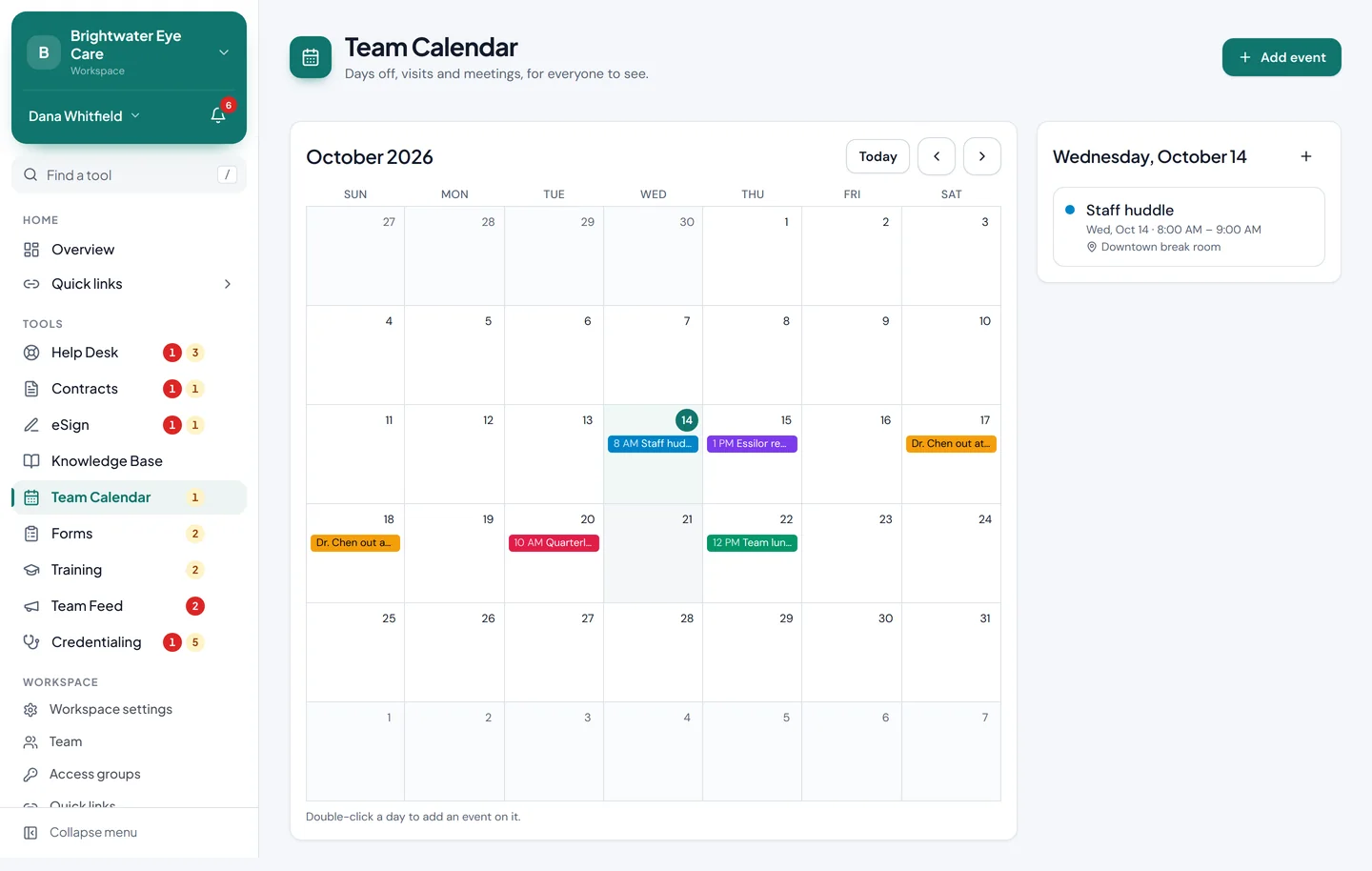 A month view with color-coded events and the day's agenda beside it