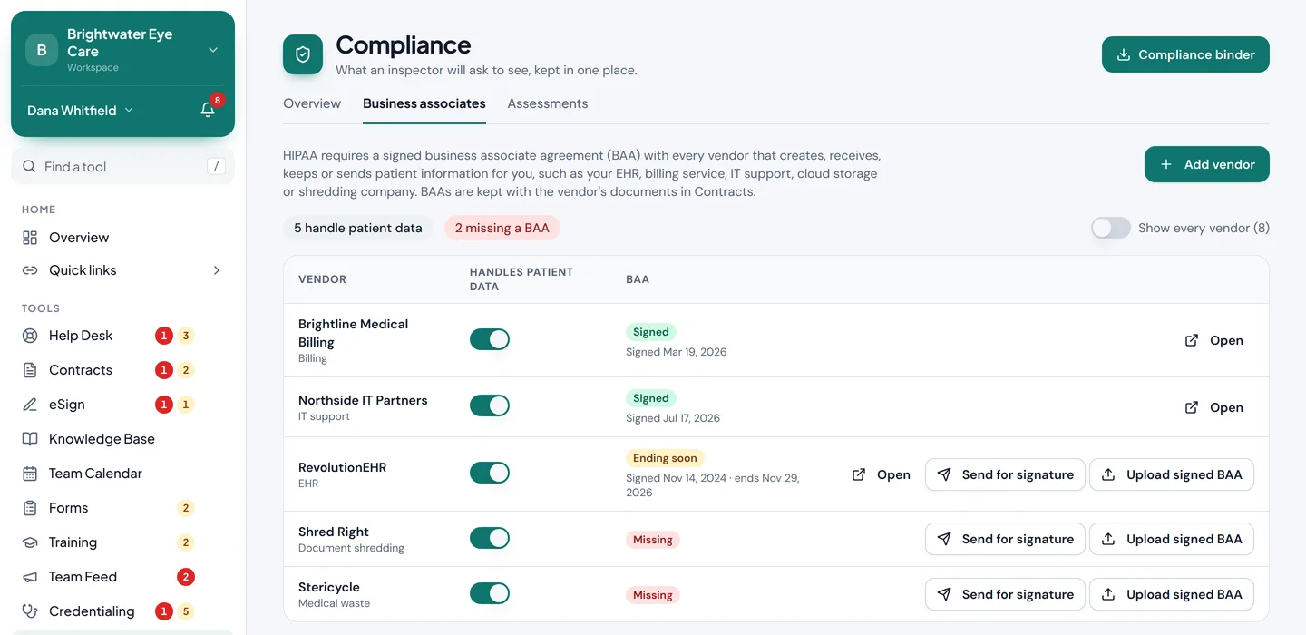 Vendors that handle patient data, with their BAA status