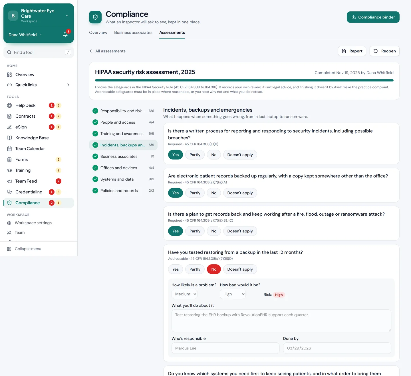A HIPAA risk assessment question with a gap and its plan