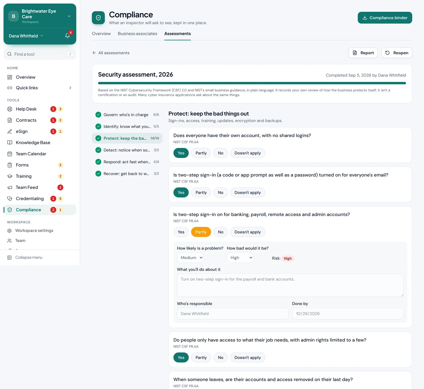A security assessment question with a gap, its risk rating and the plan