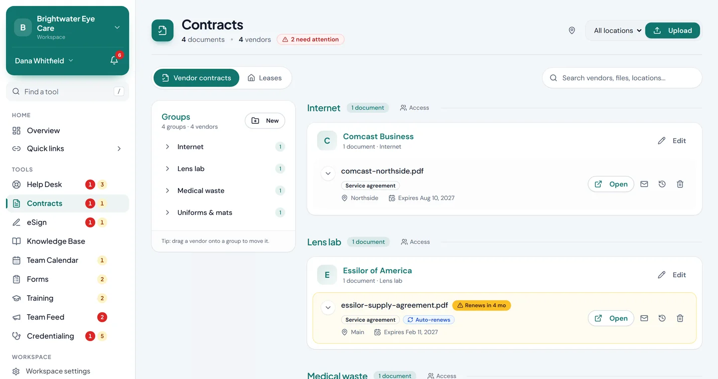 Vendor contracts grouped by type, with expiry dates and renewal warnings