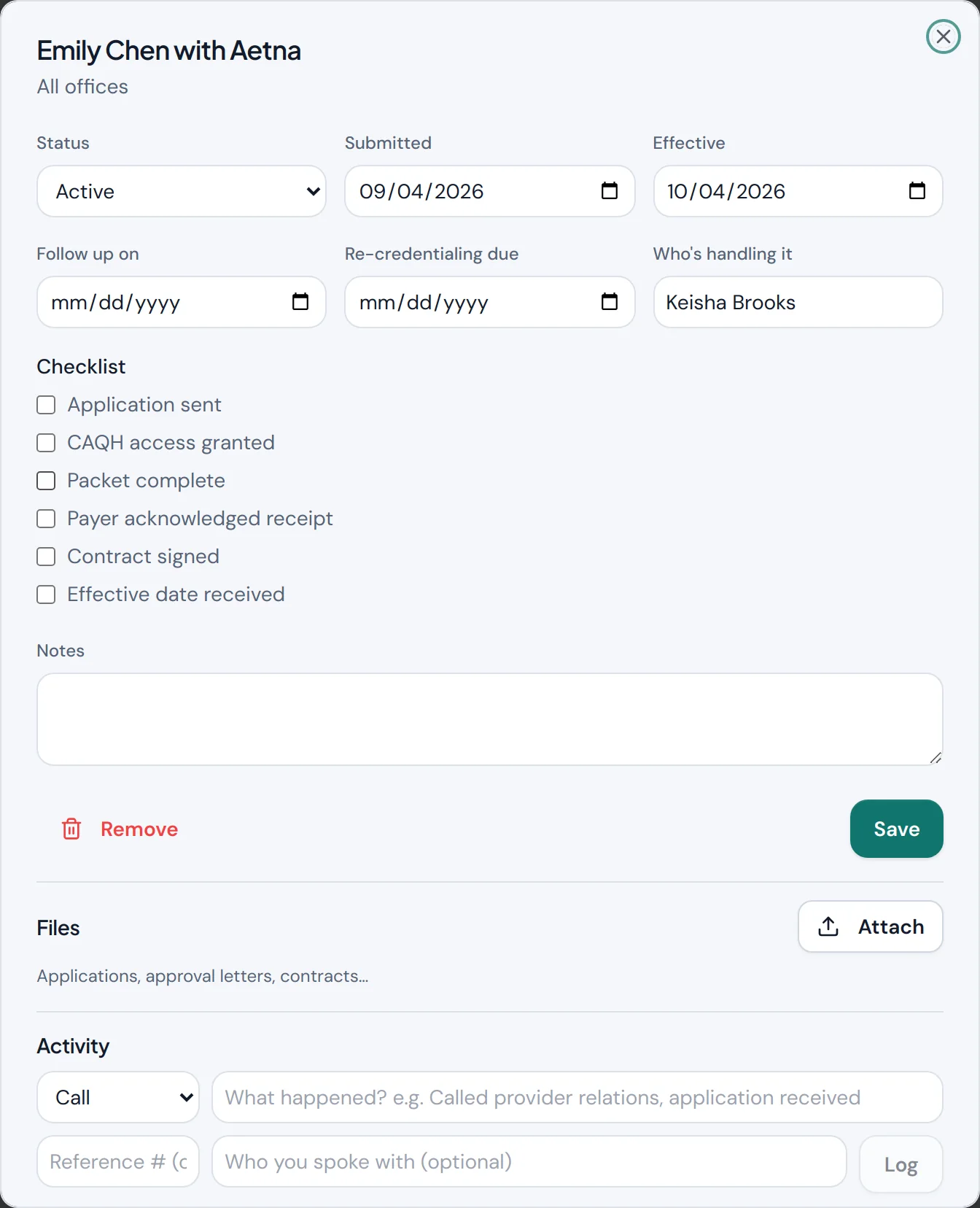 An enrollment's status, dates, checklist, files and call log