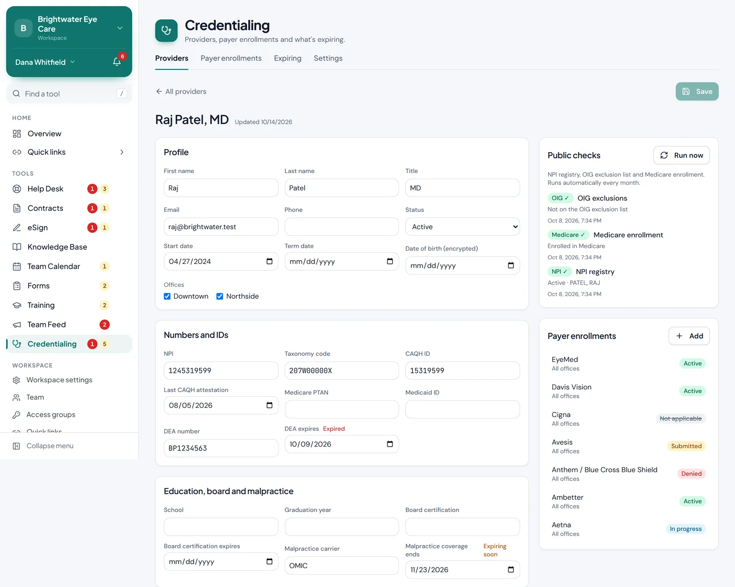A provider's profile with licenses, IDs, checks and payer enrollments