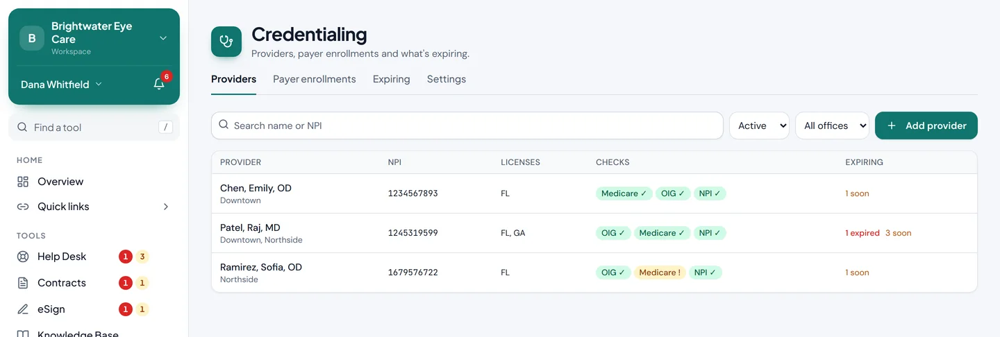 Providers with their NPI, licenses, check results and what's expiring