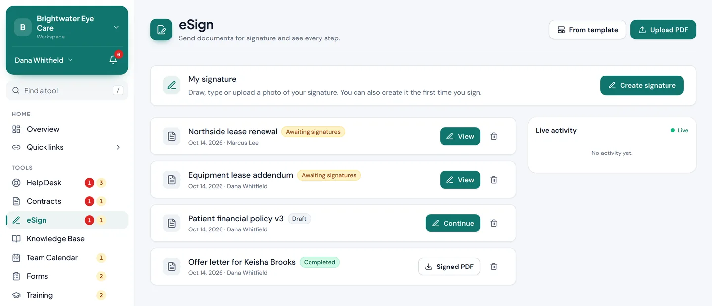 eSign documents: a draft, one waiting for signatures and one completed