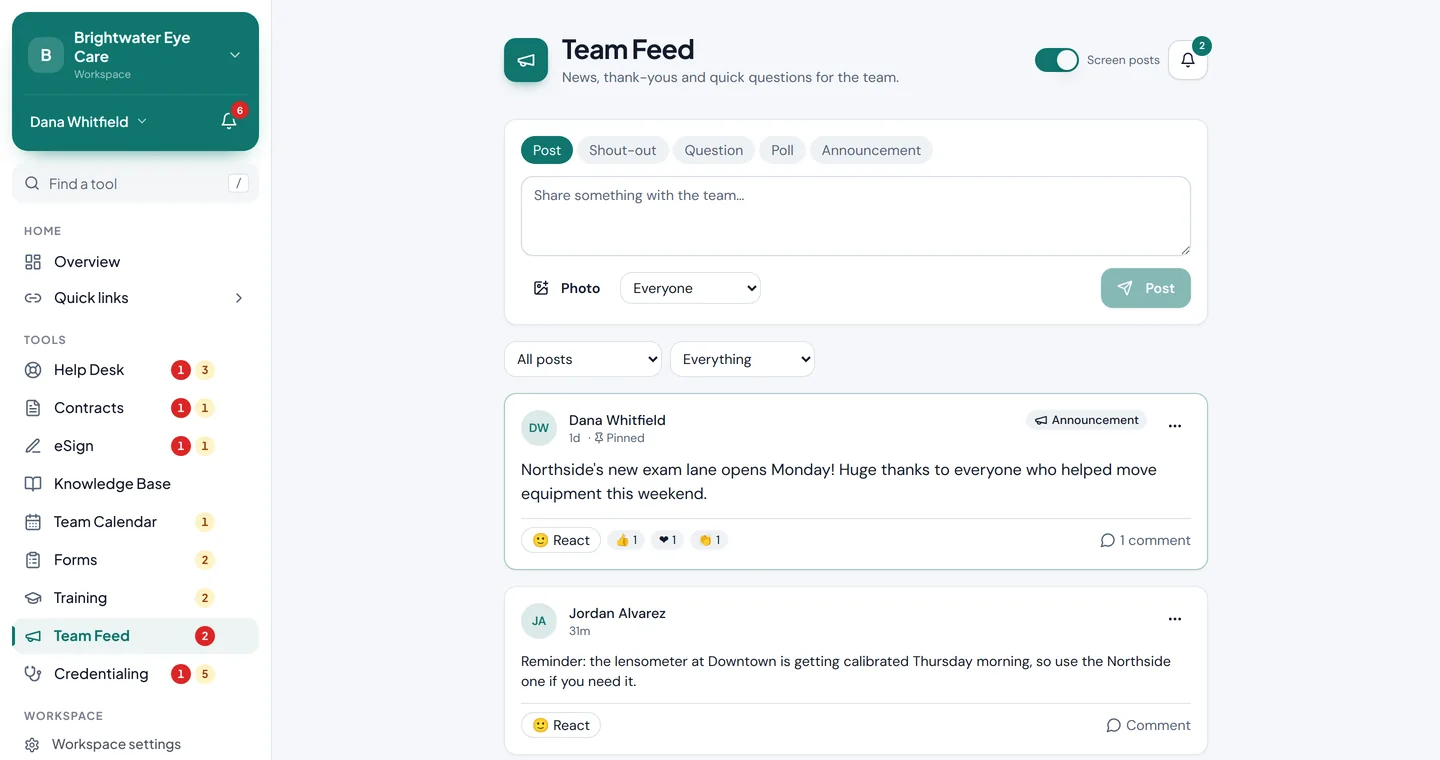 The Team Feed with a pinned announcement and recent posts