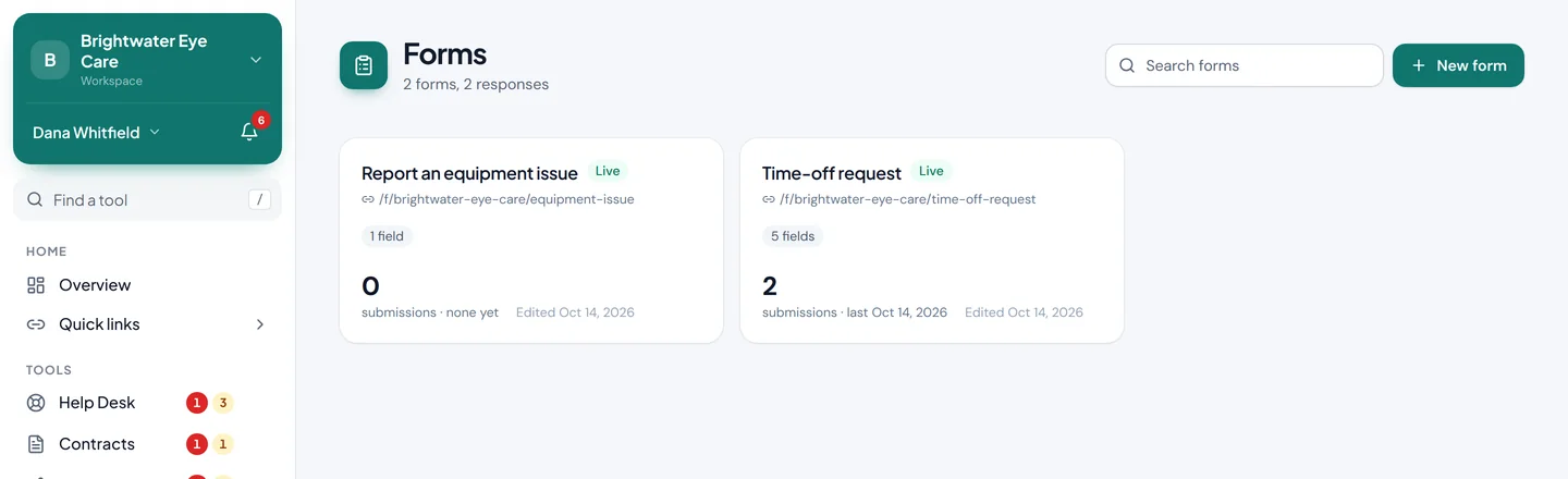 A list of forms with their links and submission counts