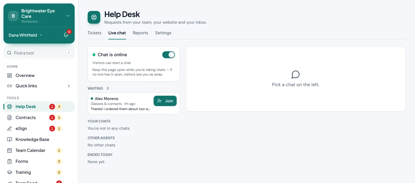 The live chat screen with a visitor waiting