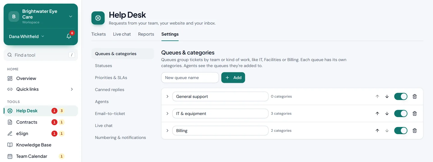 Help Desk settings: queues and categories