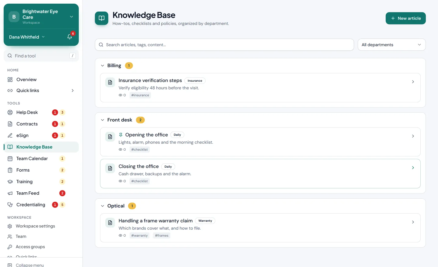 Knowledge Base articles grouped by department, with tags and a pinned article