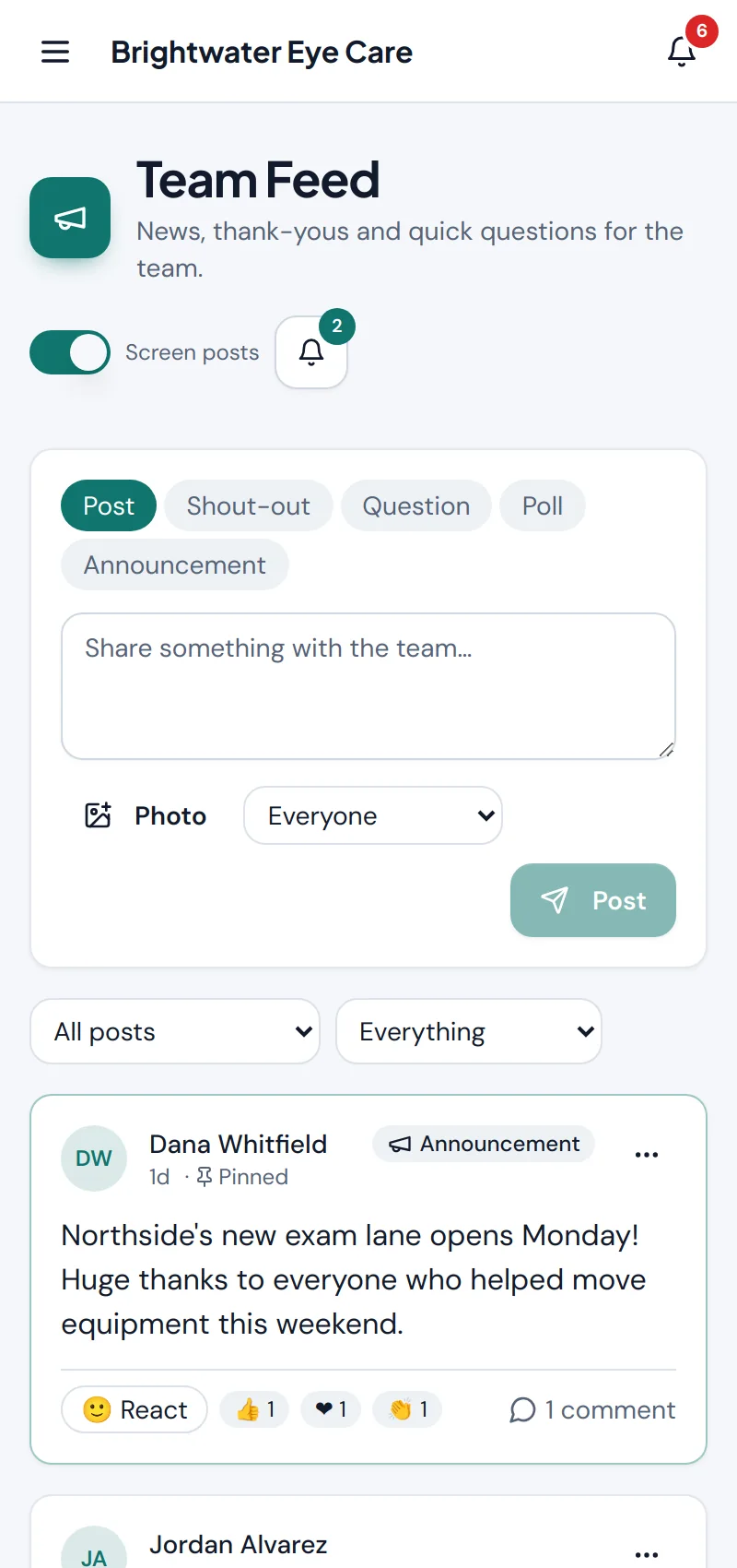 The Team Feed on a phone, with a poll and a shout-out