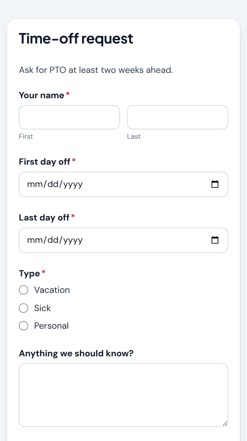A time-off request form on a phone
